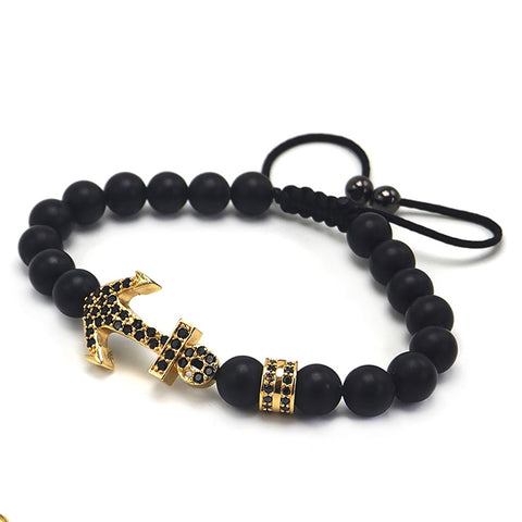 Black Lava Stone Gold Anchor Bracelet